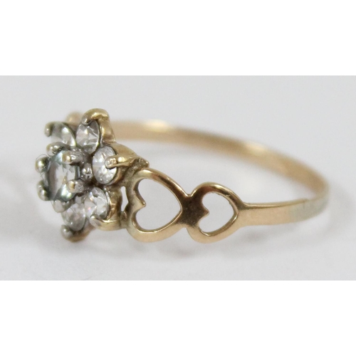 1115 - 9ct gold and white stone floral set ring, approx size P, approx 1.08g gross