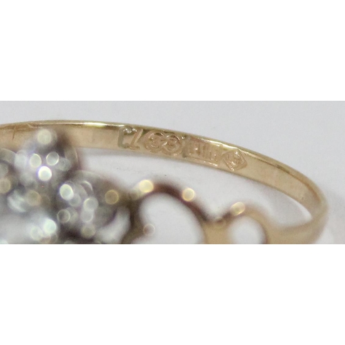 1115 - 9ct gold and white stone floral set ring, approx size P, approx 1.08g gross