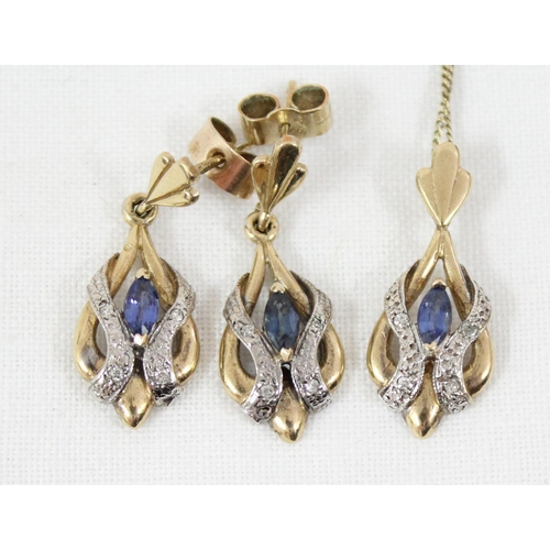 1118 - 9ct gold, sapphire and diamond set pendant on chain and earring set, the chain approx 46cm long, app... 