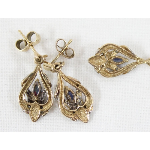 1118 - 9ct gold, sapphire and diamond set pendant on chain and earring set, the chain approx 46cm long, app... 