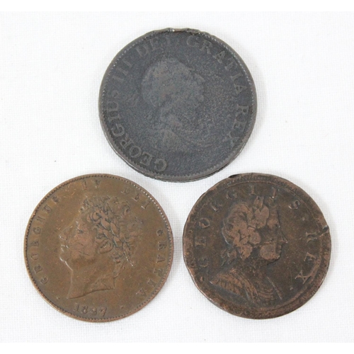 1206 - 3 copper half penny coins, 1722, 1799 & 1827