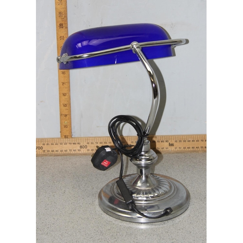 230 - A vintage style banker's lamp with chrome base and blue glass shade