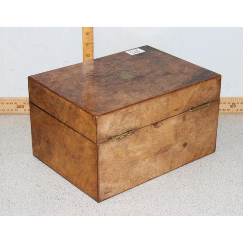 273 - A 19th century burr walnut vanity box with silver plated and cut glass fittings, with original key