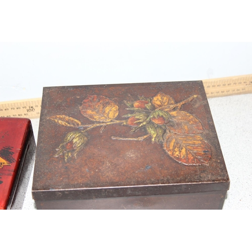 275 - 4 assorted vintage and later boxes, 3 wooden examples and an unusual tin box with insert