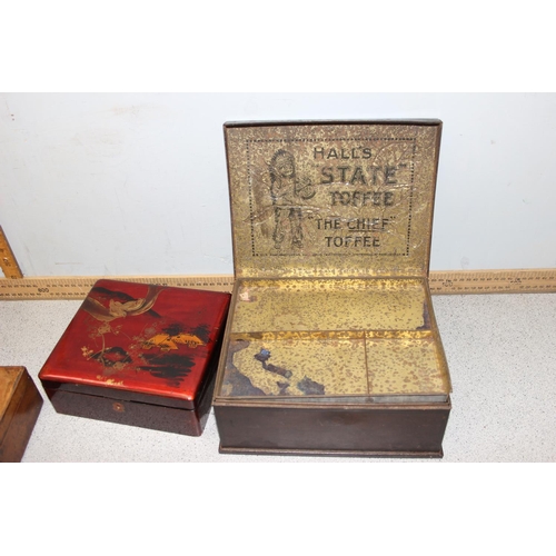 275 - 4 assorted vintage and later boxes, 3 wooden examples and an unusual tin box with insert