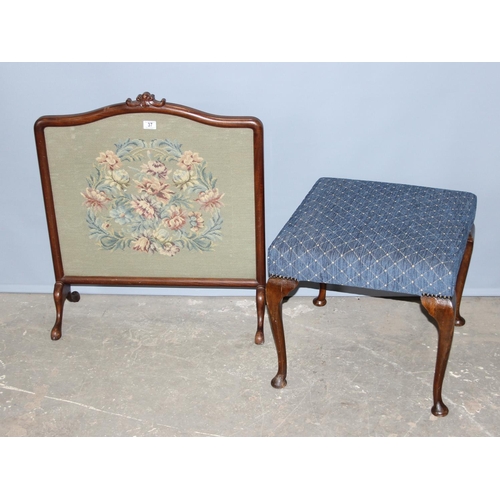 37 - An antique tapestry fire screen in carved frame and a vintage stool with cabriole legs (2)