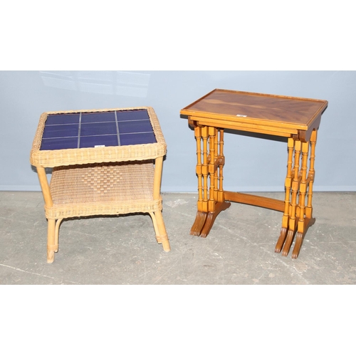 38 - A reproduction nest of 3 tables and a wickerwork tile topped side table (2)