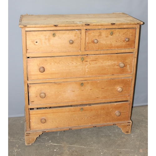 49 - A large Victorian pine 2 over 3 chest of drawers with bun handles, approx 110cm wide by 122cm tall