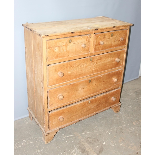 49 - A large Victorian pine 2 over 3 chest of drawers with bun handles, approx 110cm wide by 122cm tall