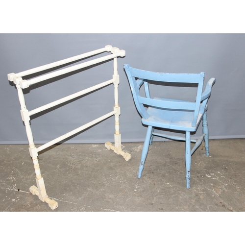 61 - An antique painted towel rail and an antique painted Oxford armchair (2)