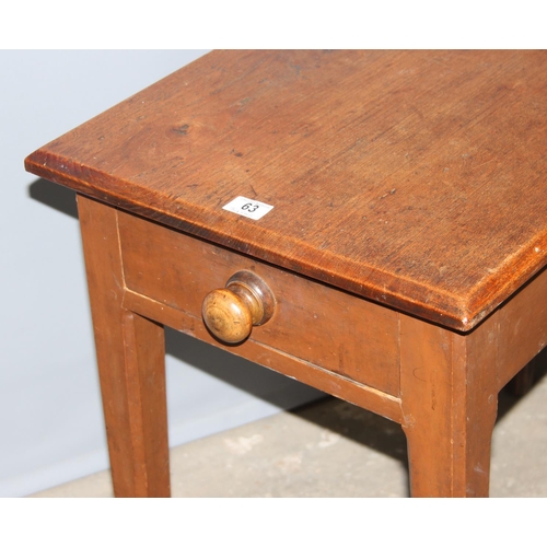 63 - An antique oak or elm topped side table with single drawer, approx 92cm x 49cm