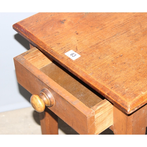 63 - An antique oak or elm topped side table with single drawer, approx 92cm x 49cm