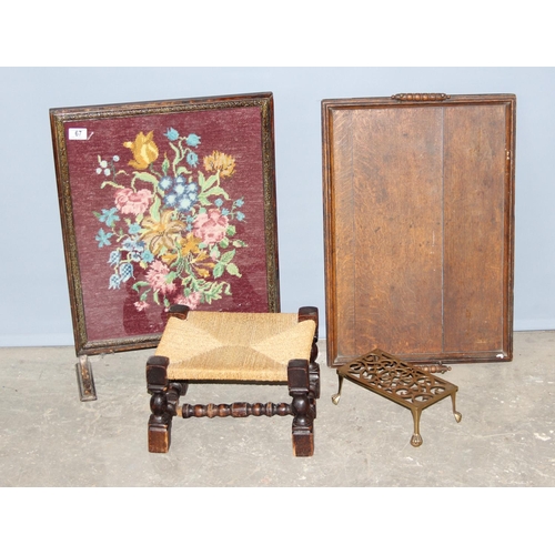 67 - Vintage tapestry fire screen, antique oak serving tray, a small wooden and rush seated footstool and... 