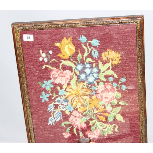 67 - Vintage tapestry fire screen, antique oak serving tray, a small wooden and rush seated footstool and... 