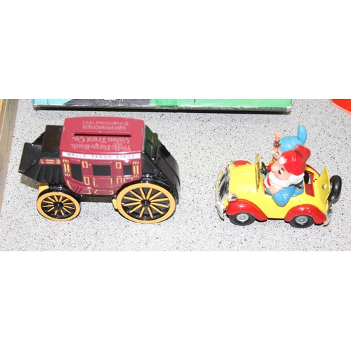 1555 - Vintage Corgi Noddy cast metal car, Wells Fargo Stagecoach money box & a vintage pair of Postman Pat... 