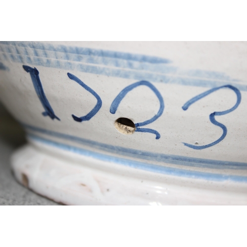 1623 - An unusual Delft or Faience pottery jug with 2 handles and a spout, possibly a posset pot or an apot... 