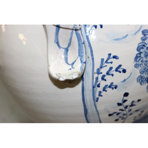 1623 - An unusual Delft or Faience pottery jug with 2 handles and a spout, possibly a posset pot or an apot... 