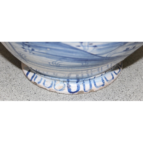 1623 - An unusual Delft or Faience pottery jug with 2 handles and a spout, possibly a posset pot or an apot... 