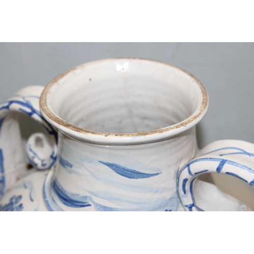 1623 - An unusual Delft or Faience pottery jug with 2 handles and a spout, possibly a posset pot or an apot... 