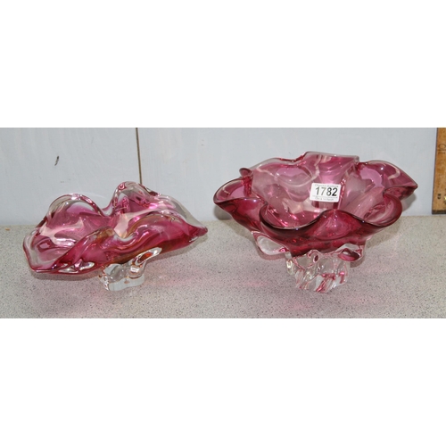 1782 - 2 large pink art glass bowls, likely Italian, the largest approx 26cm wide