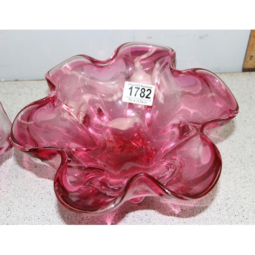 1782 - 2 large pink art glass bowls, likely Italian, the largest approx 26cm wide