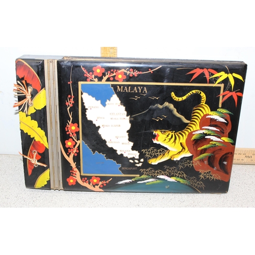 1801 - Chinese calligraphy set in fan shaped box, 2 sets of ebonised chop stick and hand painted lacquered ... 