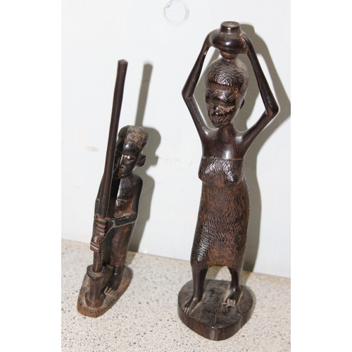 1804 - Qty of wooden ware to include 3 small wooden African carved figures, an African wooden neck rest, ar... 