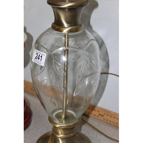 241 - An antique oil lamp with painted glass reservoir and a modern glass table lamp (2)