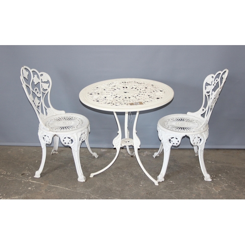 304 - Victorian style painted aluminium bistro patio set, approx width of table 70cm