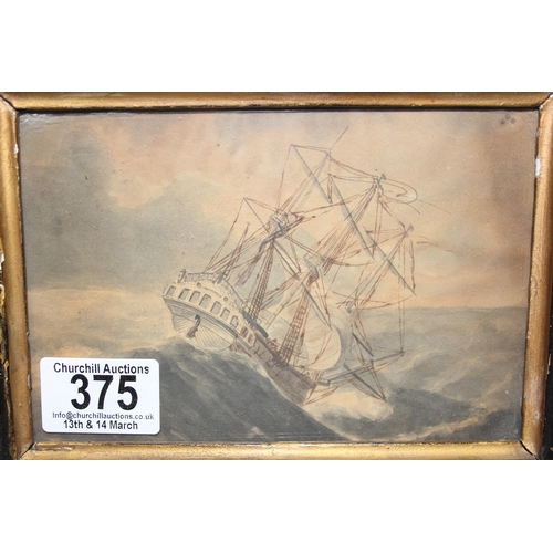 375 - An antique watercolour of a ship in stormy seas, unsigned, approx 22cm x 17cm inc frame and another ... 