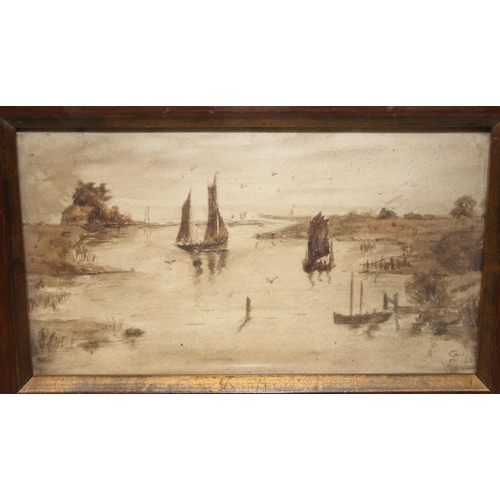 375 - An antique watercolour of a ship in stormy seas, unsigned, approx 22cm x 17cm inc frame and another ... 