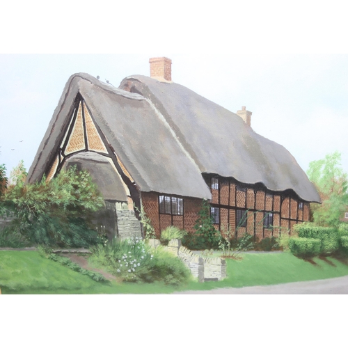 377 - John Barber (XX)Local Artist, Oil on canvas painting of a cottage, probably Oxfordshire, in wooden f... 