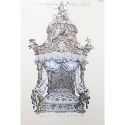 379 - After Thomas Chippendale, design for state bed, reproduction print, framed and glazed