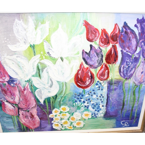 396 - A large colourful oil on canvas painting of tulips signed CR, dedicated verso, approx 76cm x 65cm in... 