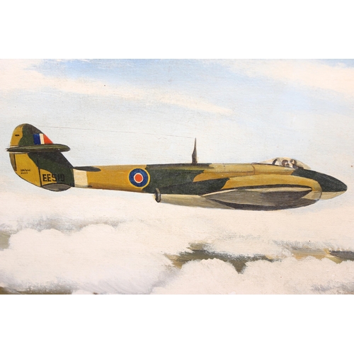 397 - R.M. Virgoe, a c.WW2 period oil on board painting of a Gloster Meteor