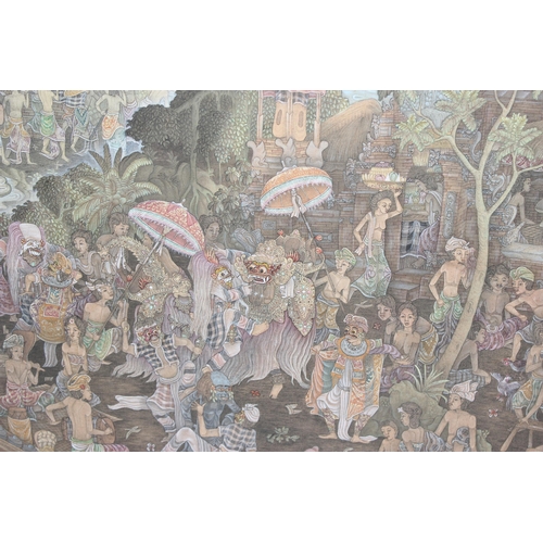 402 - A large Indonesian intricate hand painted on fabric traditional scene of the provincial district of ... 