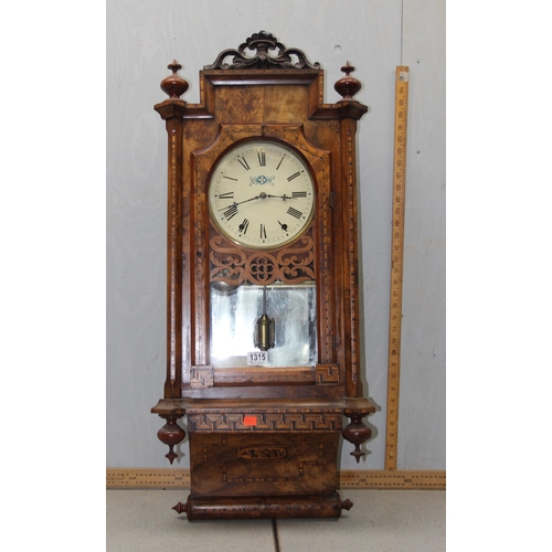 1315 - An impressive antique wall clock with marquetry inlaid case, key and pendulum, approx 94cm tall