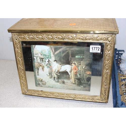 1772 - A mirrored brass box containing various other brassware to inc a vintage wall light with opaline sha... 