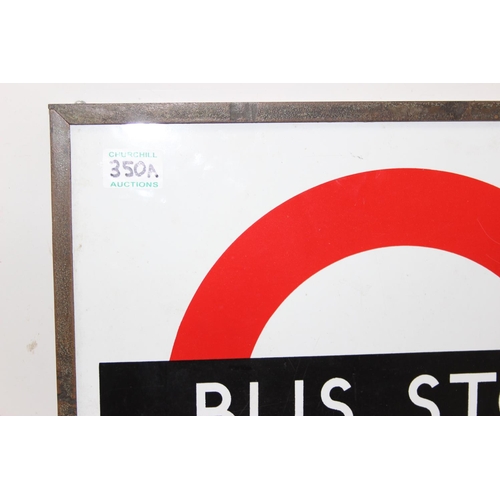 350A - A mid 20th century double sided London Transport enamel Bus Stop sign in original metal frame, beari... 