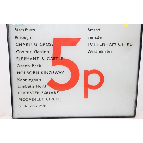 350B - A mid 20th century London Transport glass display sign, 5p and various destinations - Blackfriars, B... 