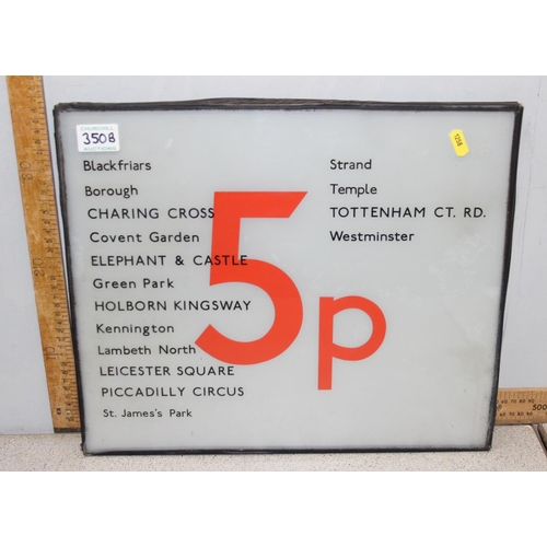 350B - A mid 20th century London Transport glass display sign, 5p and various destinations - Blackfriars, B... 