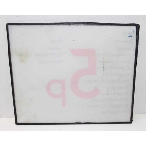 350B - A mid 20th century London Transport glass display sign, 5p and various destinations - Blackfriars, B... 