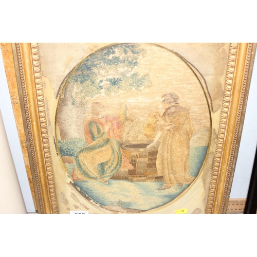 366 - A Georgian needlework and painted panel in verre églomisé mount and gilt frame, approx 48cm x 38cm, ... 