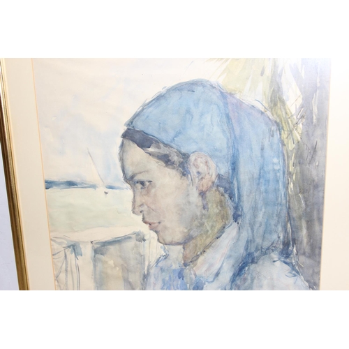 368 - A 20th century watercolour portrait of a female by the sea, indistinctly signed lower right, dated 1... 