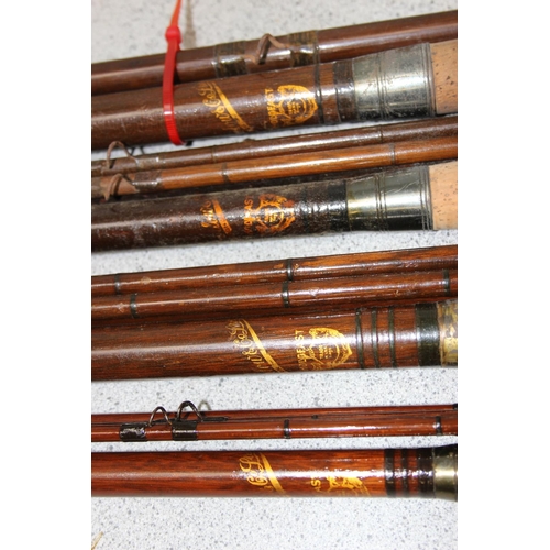 704 - Qty of vintage fishing rods to include 4 interesting C Farlow Hold Fast fishing rods, some with inte... 