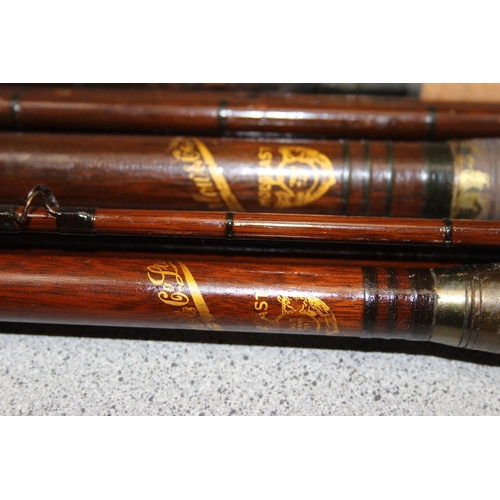 704 - Qty of vintage fishing rods to include 4 interesting C Farlow Hold Fast fishing rods, some with inte... 