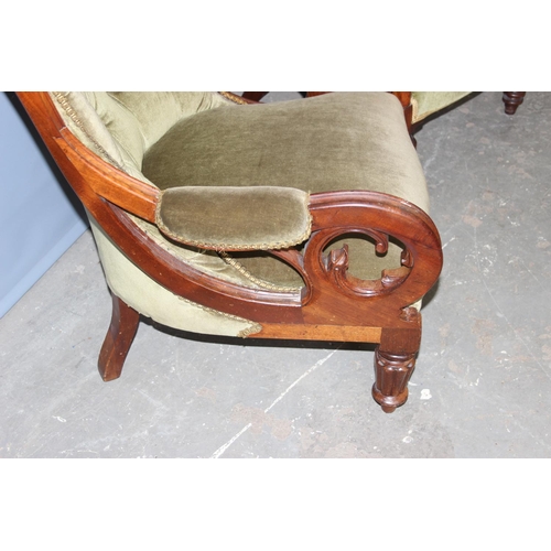 78 - 2 Victorian button back arm chairs both with green velvet upholstery