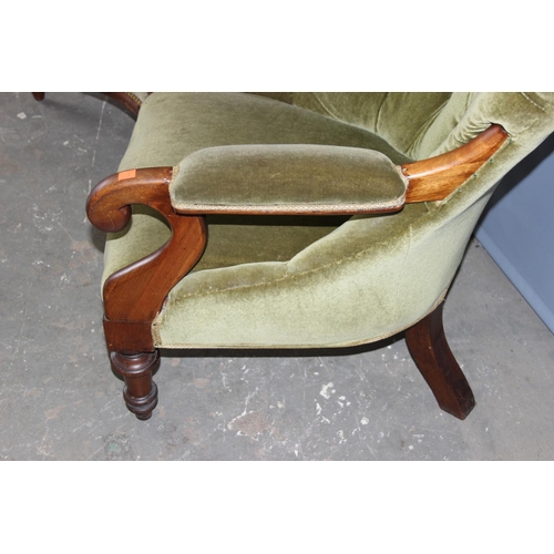 78 - 2 Victorian button back arm chairs both with green velvet upholstery