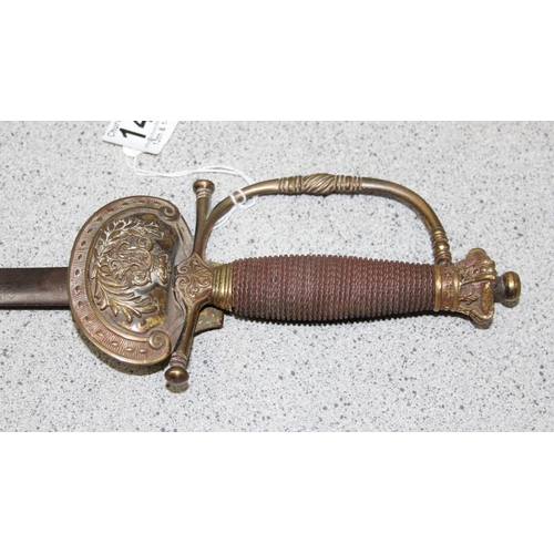 1417 - A 19th century Victorian court sword with brass clamshell guard, crown pommel and wirebound hilt, th... 