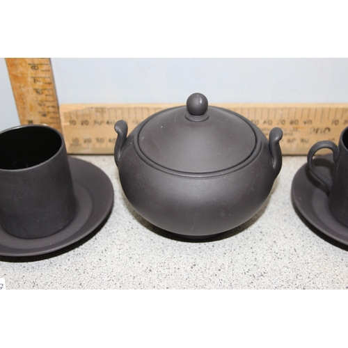 1626 - Wedgwood Black Basalt set of 4 coffee cans and saucers with lidded sugar bowl